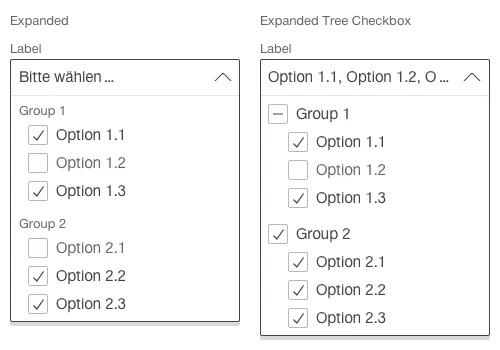 Darstellung eines Selects mit gruppierten Einträgen und Mehrfachauswahl